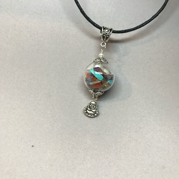 Talisman necklace, glass ball pendant full of healing crystals. - Picture 2 of 3